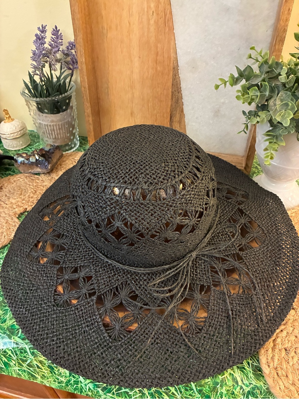 Vintage Swan Hat NY, Black Crochet Wide-Brim Sun Hat with Decorative Openwork
